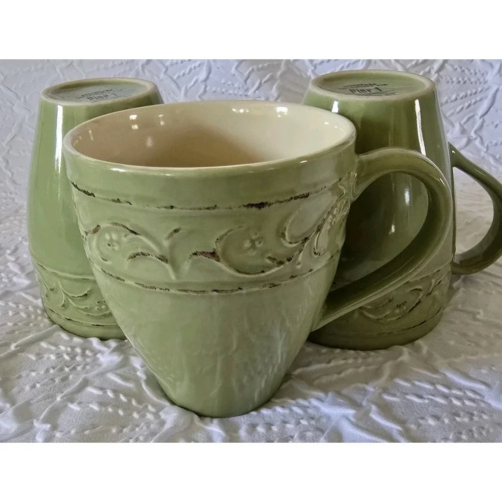 Pier 1 Imports Antique Floral Mint Green Set Of 3 Coffee Mugs Tea Cups Stoneware